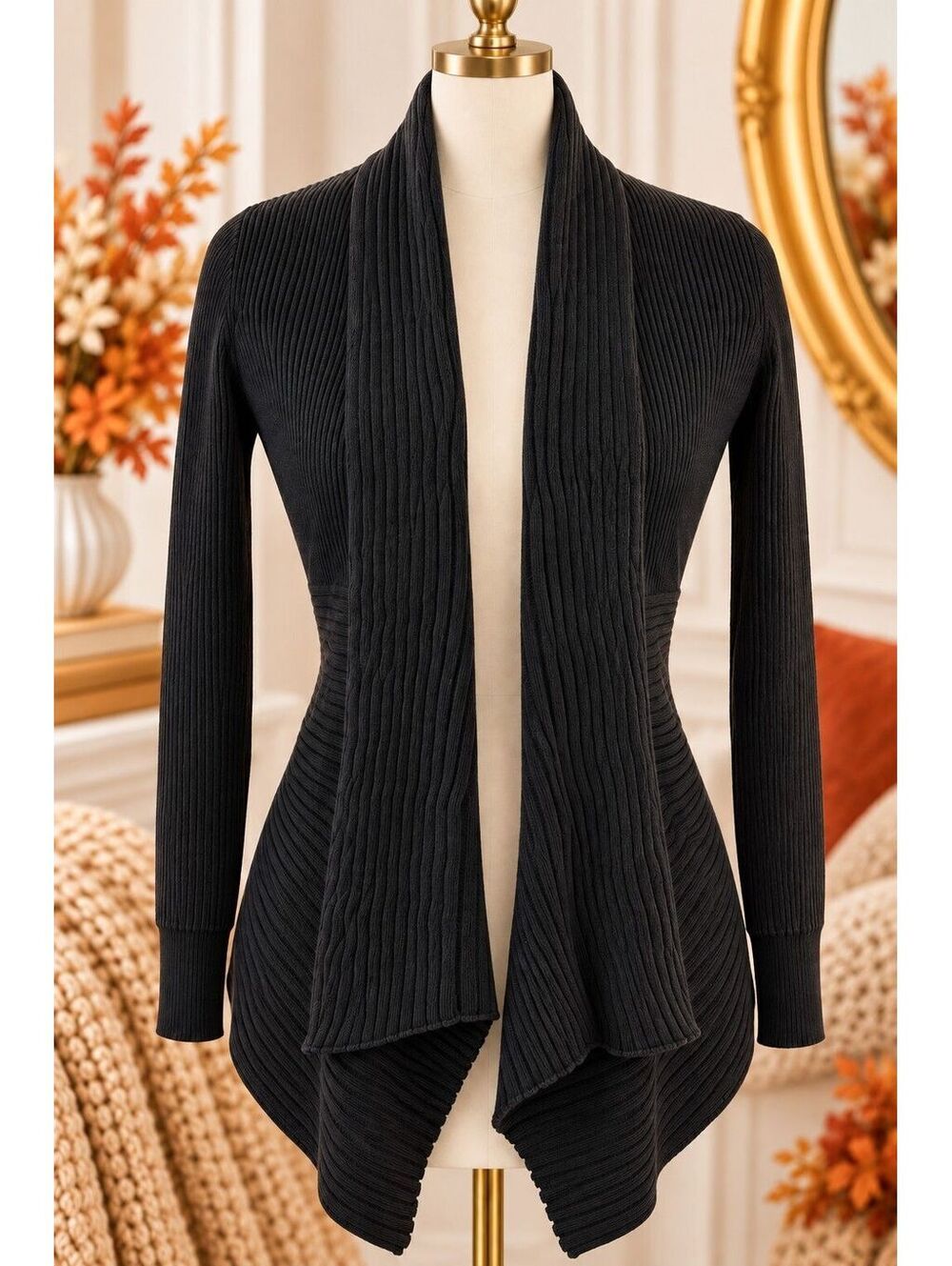 White House Black Market XS Ribbed Waterfall Cardigan Open Front Cotton Blend